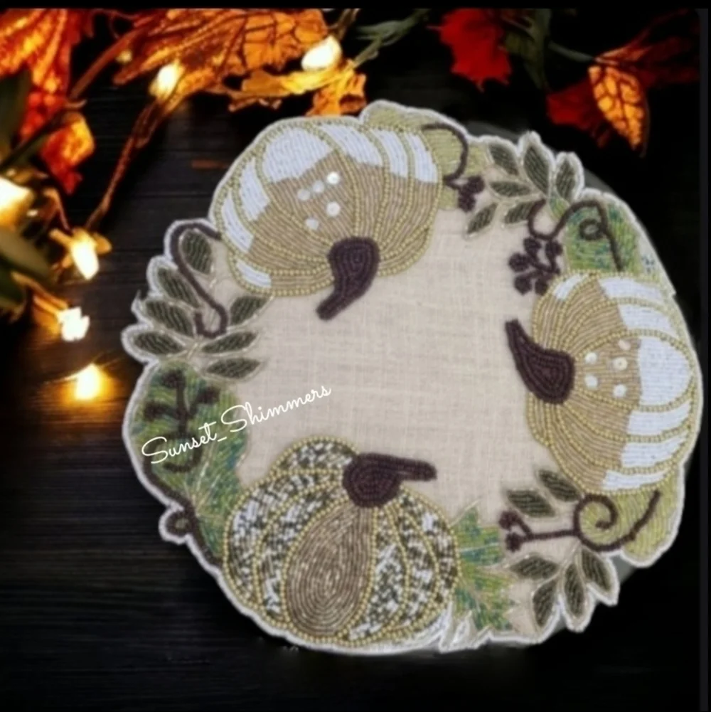 4 Nicole Miller Thanksgiving Beaded WHITE PUMPKIN Jute Placemat Chargers New